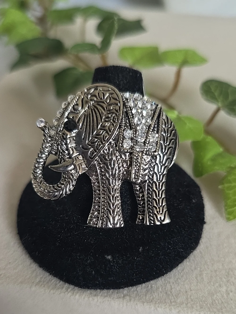 Boho ​Silver Elephant Statement Ring with Rhinestone Accents Stretch Band